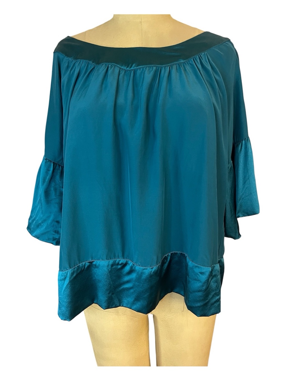 Vintage Graham & Spencer Flowy Silk  Teal Satin-Trim Peasant Blouse